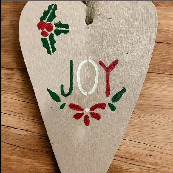 Handmade Joy Wooden Holiday Ornament - Cream and Red - Picture 2 of 6